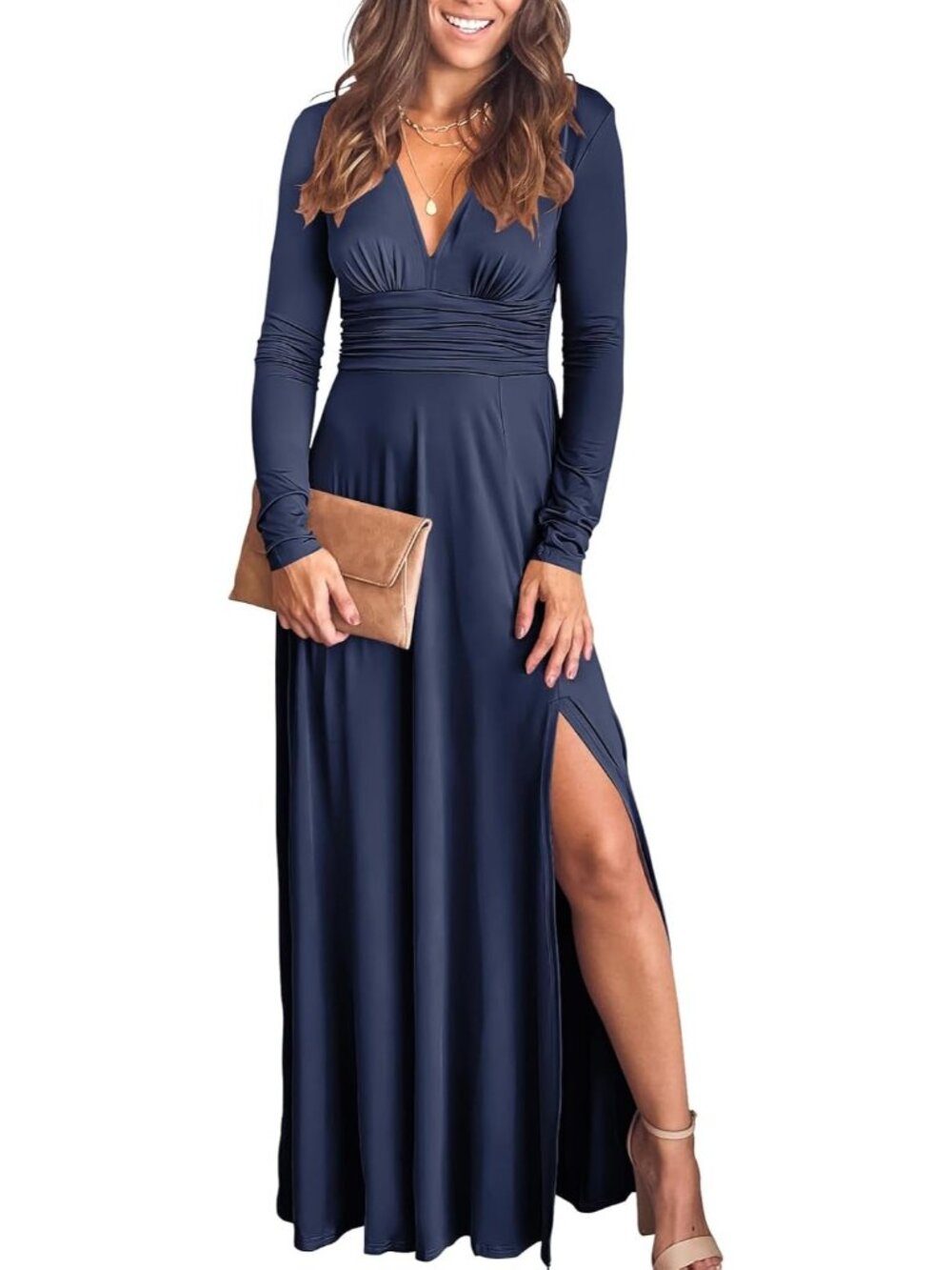 Women's Navy Blue Summer Long Sleeve Deep V Neck Wedding Guest Formal Maxi Dress